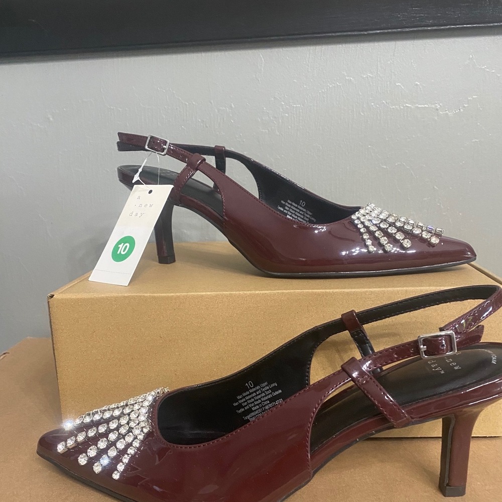 A New Day Burgundy Rhinestone Slingback Kitten Heel Pumps Womens 10 Burgundy